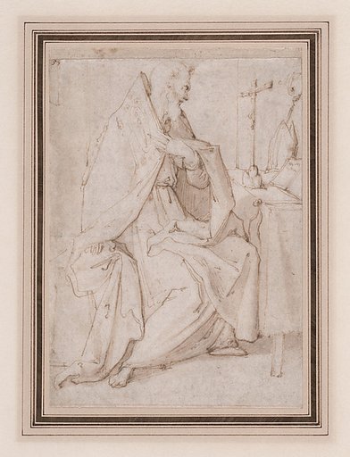 (recto) Seated Bishop Saint Praying Before a Crucifix; (verso) the cropped figure of a youth seen in frontal view (somewhat damaged).