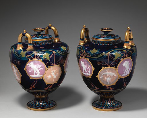 Pair of "Pompeian" vases with covers