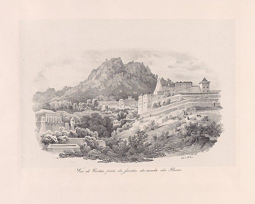 View of the Sintra from the garden of the Comte de Povoa, National Palace in the background