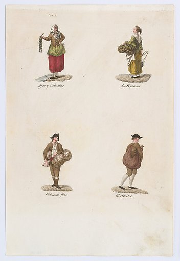 Plate 2: four street vendors from Madrid selling garlic and onions, cucumbers, fine crockery, oil, from 'Los Gritos de Madrid' (The Cries of Madrid)