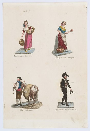 Plate 8: four street vendors from Madrid selling lemons, oranges, pigeons, and shoes, from 'Los Gritos de Madrid' (The Cries of Madrid)
