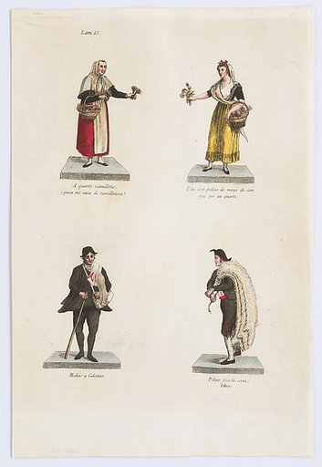 Plate 15: four street vendors from Madrid selling flowers, socks, and skins, from 'Los Gritos de Madrid' (The Cries of Madrid)