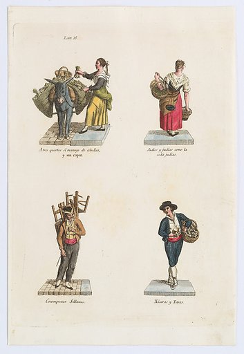 Plate 16: four street vendors from Madrid selling onions, beans, chairs, and crockery, from 'Los Gritos de Madrid' (The Cries of Madrid)