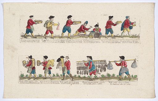 Plate 2 depicting the trades of Rome, here including vendors of fish, sieves, candles etc, from the 'Descrición de las artes que se llaman para los calles de la ciudad de Roma'