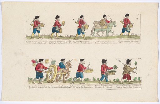 Plate 4 depicting the trades of Rome, here including vendors of shrimps, Spanish olives, herbs etc, from the 'Descrición de las artes que se llaman para los calles de la ciudad de Roma'