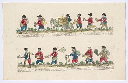 Plate 5 depicting the trades of Rome, here including vendors of pomegranites, bowls, onions etc, from the 'Descrición de las artes que se llaman para los calles de la ciudad de Roma'