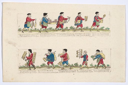 Plate 6 depicting the trades of Rome,here including vendors of lamps, shirt collars, turtles etc, from the 'Descrición de las artes que se llaman para los calles de la ciudad de Roma'