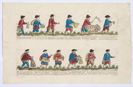 Plate 7 depicting the trades of Rome, here including vendors of books, chestnuts, portraits etc, from the 'Descrición de las artes que se llaman para los calles de la ciudad de Roma'