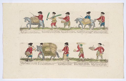 Plate 9 depicting the trades of Rome, here including vendors of water, sardines, melons etc, from the 'Descrición de las artes que se llaman para los calles de la ciudad de Roma'