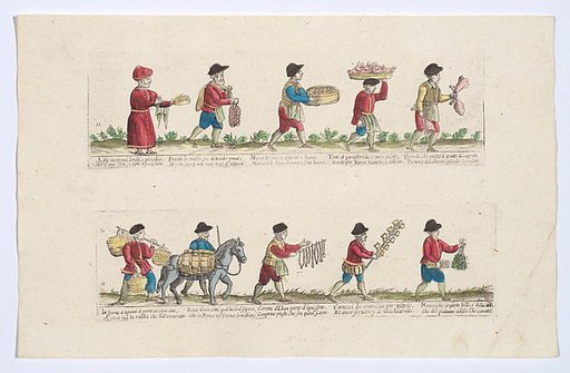 Plate 11 depicting the trades of Rome, here including vendors of pigs heads, milk, wine etc, from the 'Descrición de las artes que se llaman para los calles de la ciudad de Roma'