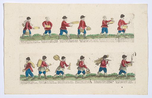 Plate 4 (second group) depicting the trades of Rome, here including vendors of mushrooms, strong oil, keys, candlesticks etc, from the 'Descrición de las artes que se llaman para los calles de la ciudad de Roma'