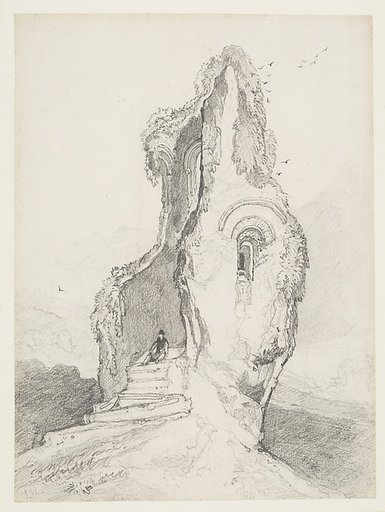 A figure resting in a ruined tower
