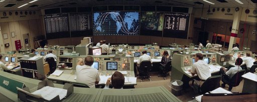 Fisheye view from the back of the Flight control room of the MCC