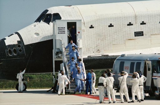 STS 41-G crew leaves orbiter after landing at Kennedy Space Center