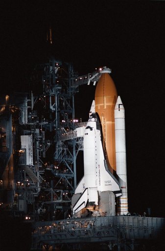 View of the shuttle Discovery on the launch pad just prior to STS 51-D launch