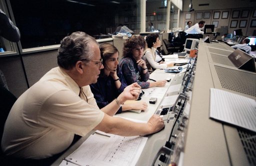 School teachers McAulliffe and Morgan in mission control for STS 61-A