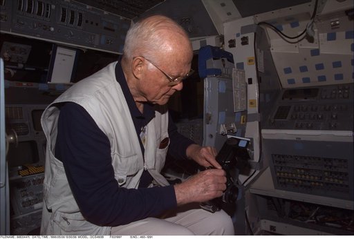 STS-95 mission specialist Senator John Glenn in FFT on 05-08-98