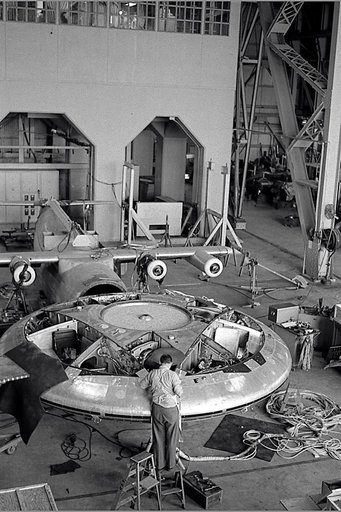 Avrocar in the shop of the 40x80 foot wind tunnel.