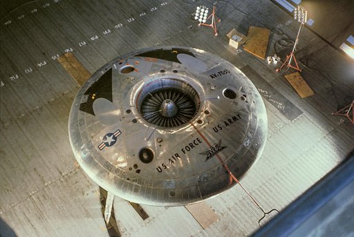 Overhead View of Avrocar in Ames 40x80 foot Wind Tunnel.