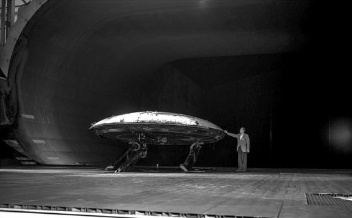 Tests Of Avrocar Annular Jet VTOL Airplane in Ames 40x80 foot Wind Tunnel.