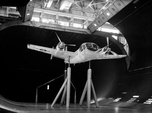 Grumman YAO-1 airplane mounted in the 40x80 foot wind tunnel at Ames.