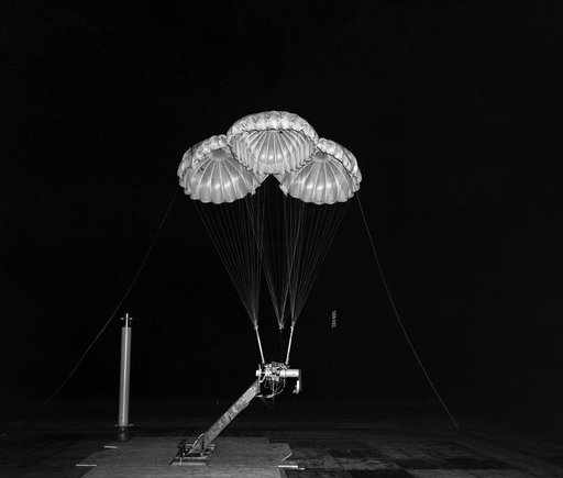 Steerable Parachute for Apollo Vehicle tested in Ames 40x80 foot Wind Tunnel..