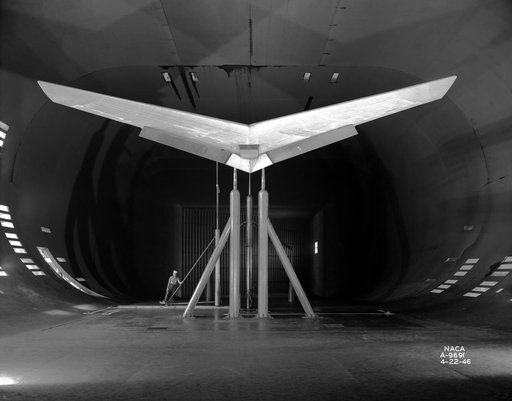 Swept wing with inboard split flaps in Ames 40x80 foot Wind Tunnel.