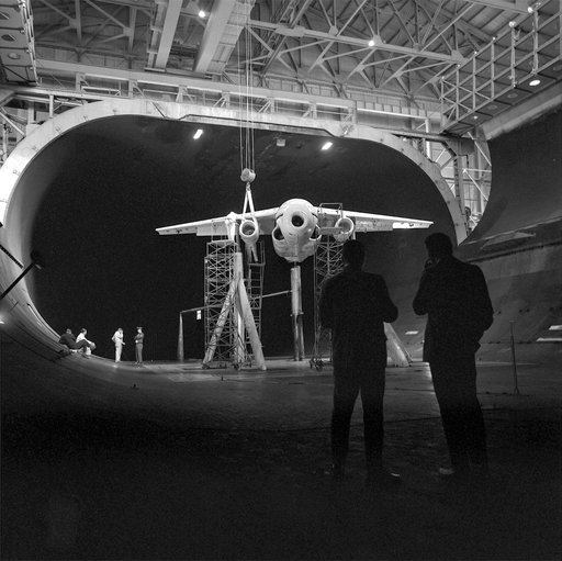 A71-8290. Swept Augmentor Wing Model Being Installed Into The Test Section Of The Ames 40 X 80 Foot Wind Tunnel.