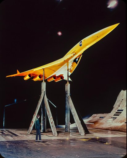 Supersonic Transport Model mounted in the Ames 40x80 Foot Wind Tunnel.