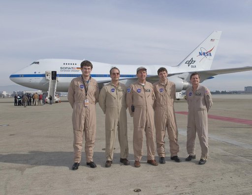 The flight crew of NASA's SOFIA airborne observatory includes (from left), Ulli Lampater Marty Trout, Bill Brockett Andres Reinacher and Frank Batteas.