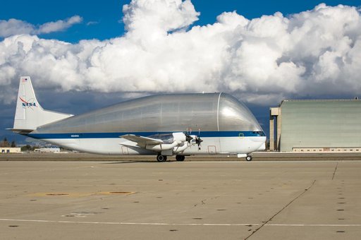 NASAs B377SGT Super Guppy Turbine Cargo Airplane lands at Moffett Field at NASA Ames.