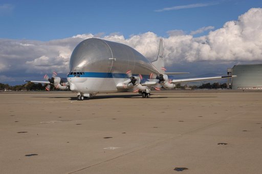NASAs B377SGT Super Guppy Turbine Cargo Airplane lands at Moffett Field at NASA Ames.