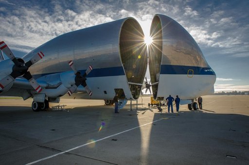 NASAs B377SGT Super Guppy Turbine Cargo Airplane lands at Moffett Field at NASA Ames.