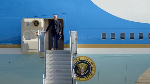 U.S. President Joe Biden Arrives Aboard Air Force One at Moffett Federal Airfield