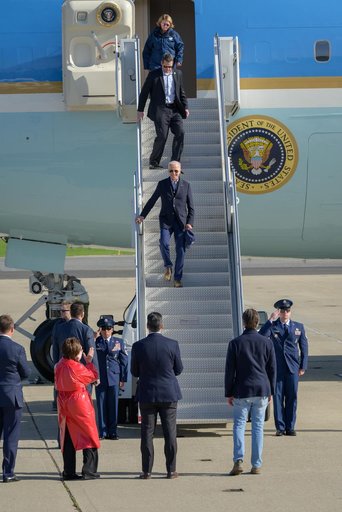 U.S. President Joe Biden Arrives Aboard Air Force One at Moffett Federal Airfield