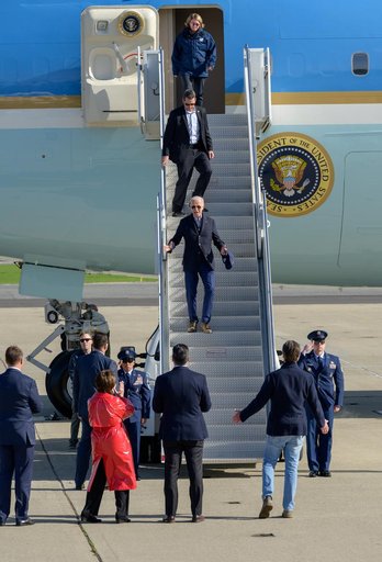 U.S. President Joe Biden Arrives Aboard Air Force One at Moffett Federal Airfield