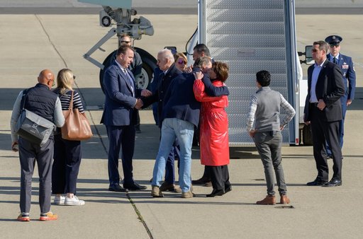 U.S. President Joe Biden Arrives Aboard Air Force One at Moffett Federal Airfield