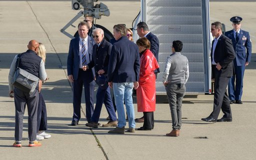 U.S. President Joe Biden Arrives Aboard Air Force One at Moffett Federal Airfield