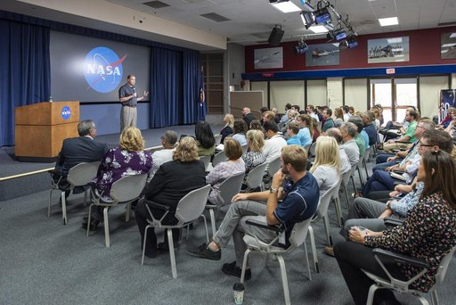 Bridenstine holds town hall with employees speaking of his vision for the agency and answering questions.