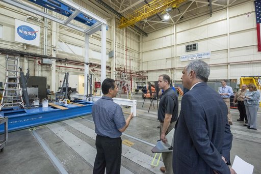 NASA Administrator Bridenstine is inside Armstrong Flight Research Center's Flight Loads Lab, which is capable of conducting mechanical-load and thermal studies of structural components and complete flight vehicles.