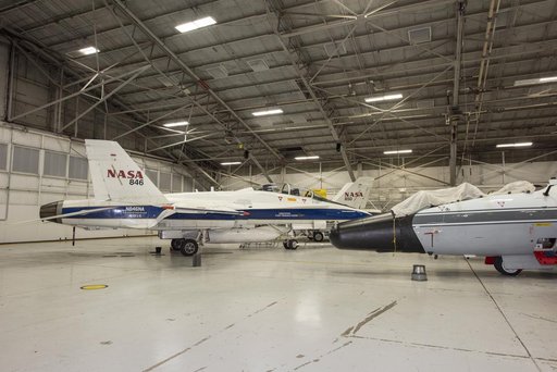 NASA F/A-18 Aircraft Sit in Hangar