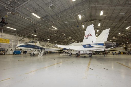NASA F/A-18 Aircraft Sit in Hangar