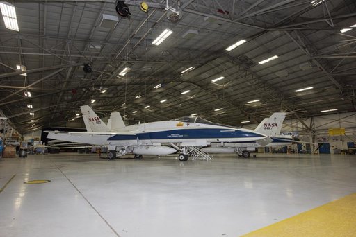 NASA F/A-18 Aircraft Sit in Hangar