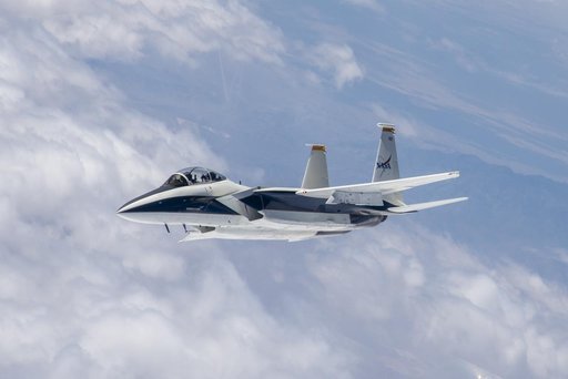 F-15 N897NA inflight during Shock Sensing Probe (SSP) Flight #1 with test pilot Jim Less and videographer Lori Losey on board
