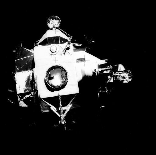 View of damaged Apollo 13 Service Module from the Lunar/Command Modules
