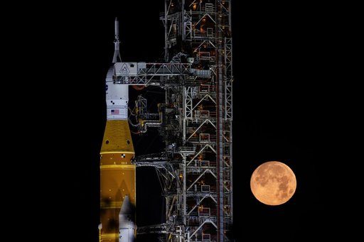 Full Moon Rising Over Full Artemis II Stack at Launch Pad 39B