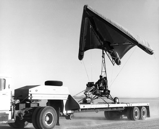 Paresev 1-C with inflatable wing testbed aboard a truck in preparation for flight tests