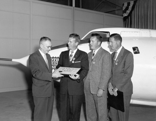 The NACA Exceptional Service Medal presented at the NACA High Speed Flight Station. L-R: Hugh Dryden, Joe Walker, Stan Butchart, Richard Payne