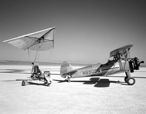 Paresev 1-A on lakebed with tow plane