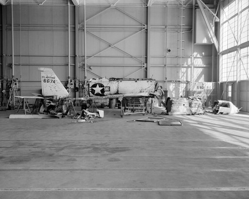 Wreckage of the X-2 rocket plane was taken to NACA's High Speed Flight Station for analysis following the 1956 crash that killed Air Force pilot Capt. Mel Apt